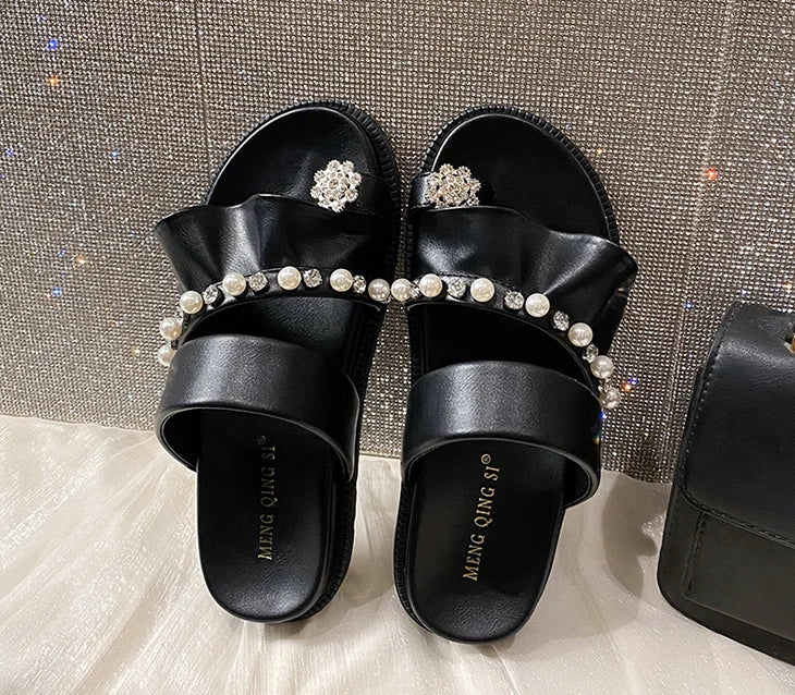 pearl rivets thick bottom women slippers crystal beading flip flops lace band platform sandalias mujer pearl slides big size 43