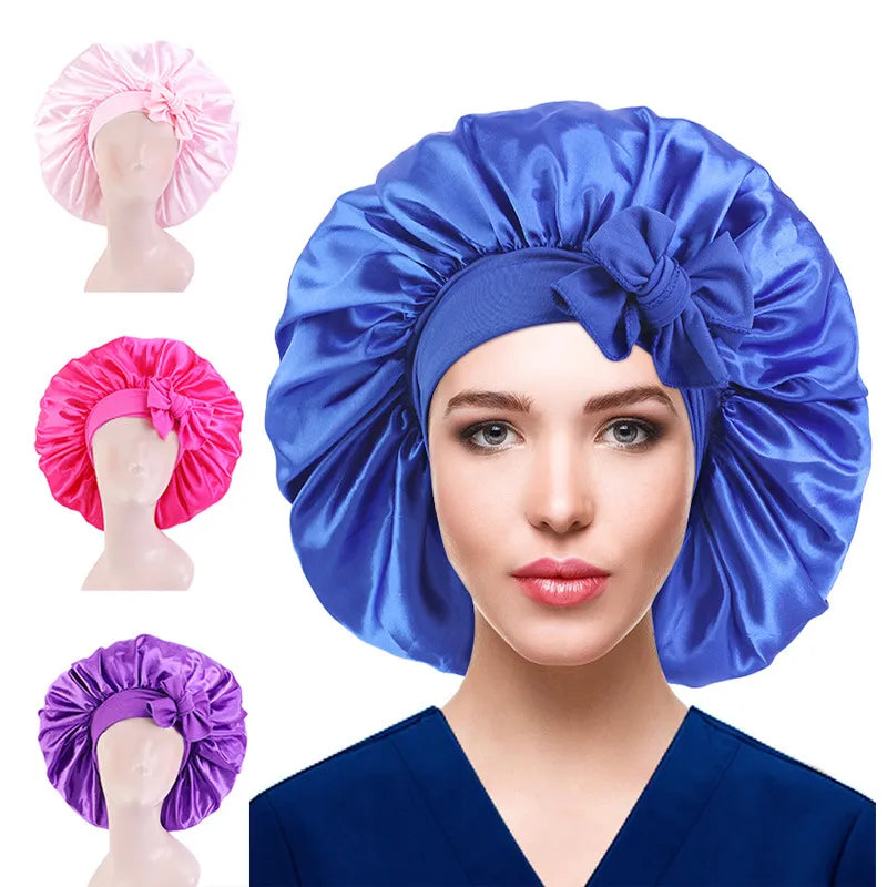 New Large Satin Bonnet Silk Night Sleeping Cap Long Satin Bonnet With Head Tie Band Bonnet Edge Wrap For Women Curly Braid Hair