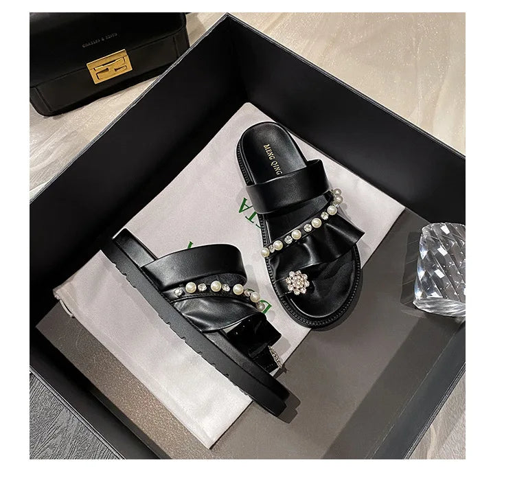 pearl rivets thick bottom women slippers crystal beading flip flops lace band platform sandalias mujer pearl slides big size 43