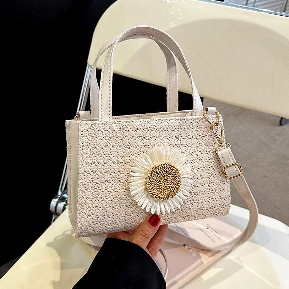 Rattan Woven Women Straw Bag Adjustable Shoulder Bag Handbag Knit Flower Summer Beach Woman Shoulder Messenger Khaki Beige Bags