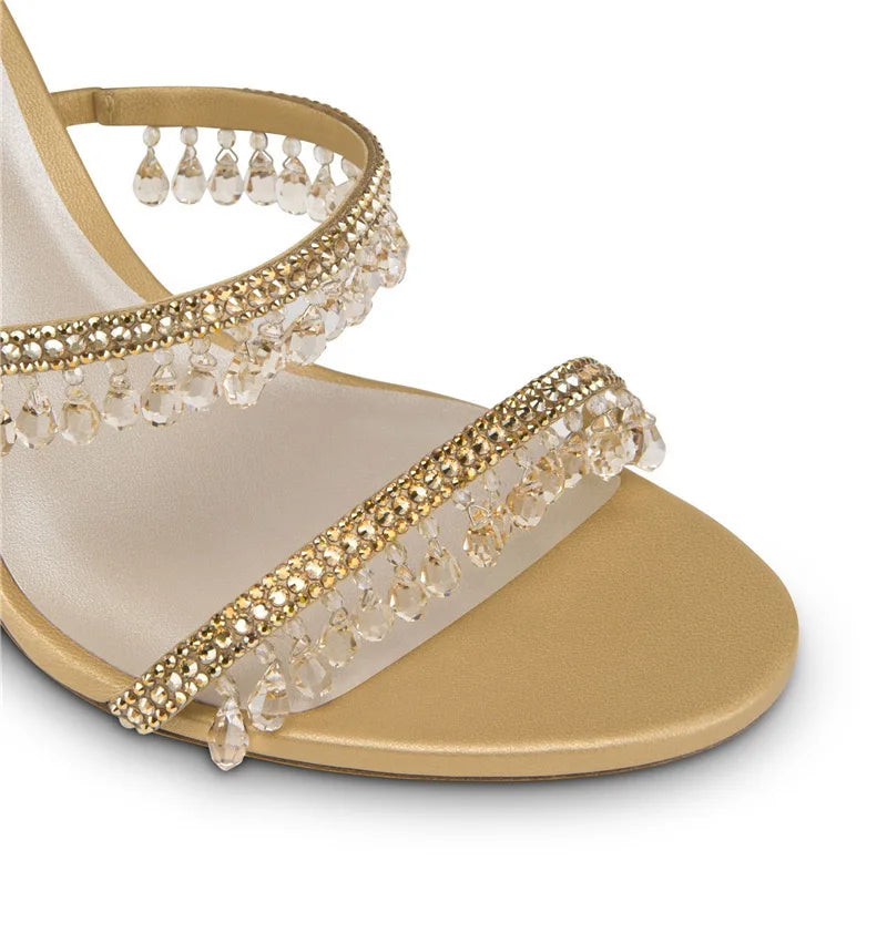 2025 Women's New Rhinestone Sandals Fashion Tassel Crystal Shoes Sexy Nightclub Banquet Party Twining Stiletto Women's Sandals