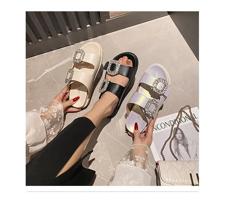 pearl rivets thick bottom women slippers crystal beading flip flops lace band platform sandalias mujer pearl slides big size 43