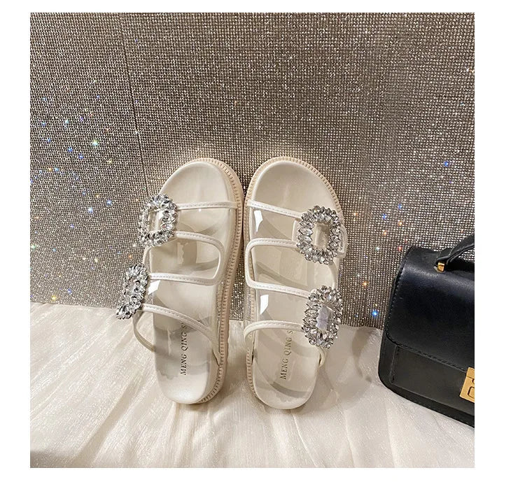 pearl rivets thick bottom women slippers crystal beading flip flops lace band platform sandalias mujer pearl slides big size 43