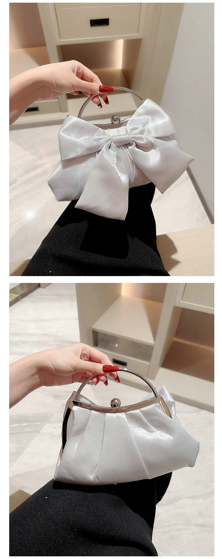 White Satin Bow Fairy Evening Bags Clutch Metal Handle Handbags for Women Wedding Party Bridal Clutches Purse Chain Shoulder Bag
