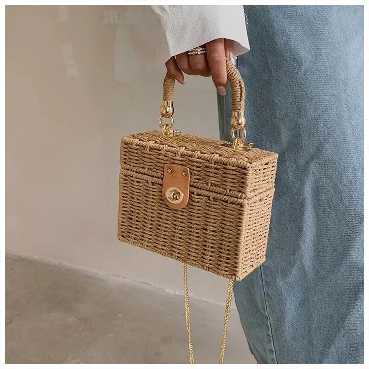 New rattan black straw Shoulder Bag Women hand-woven Messenger Bag Summer Beach Square box Straw Handbag For lady Bolsa Feminina