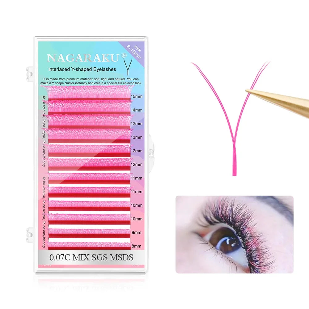 NAGARAKU Color YY Shape Hand Woven Premium Synthetic Mink Eyelashes Pink Red Blue Purple Green Soft Natural Meshy Net Cross