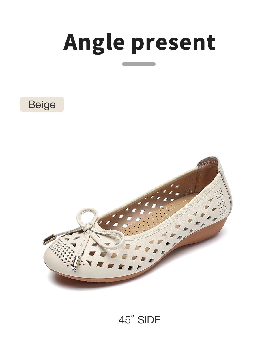 Summer Slip-on Shoes Flat Hollow Comfortable Woman Shoes Genuine Leather Soft Bottom White Breathable Mule Women's Moccasins 41