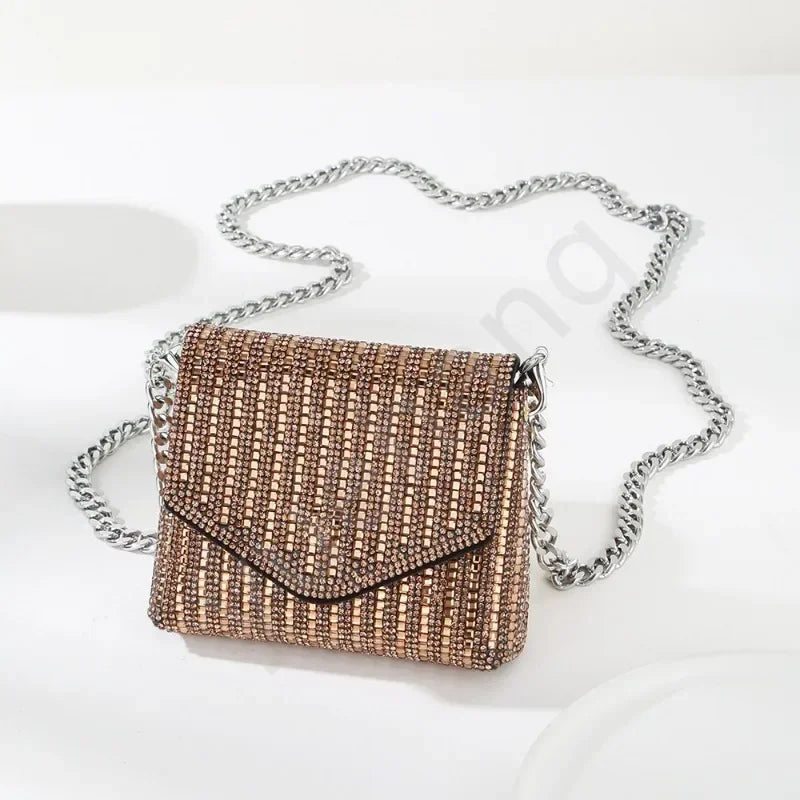 Female Bling Chain Crossbody Bag Ladies Mini Rhinestone Small Envelop Shoulder Purse Full Diamond Messenger Evening Bag