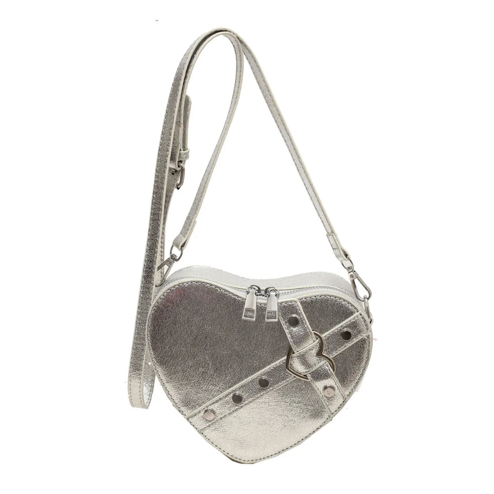 Vintage Y2K Small Chain Rivet Shoulder Bag Heart Shaped Purse Handbag Red PU Leather Gothic Tote Bag Fashion Women Crossbody Bag