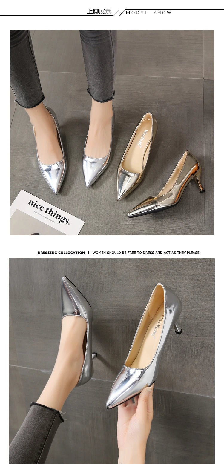 Fashion Simple Slim Heels With Bright Surface Patent Leather Shallow Mouth Pointed Head Slim Women's Heels
