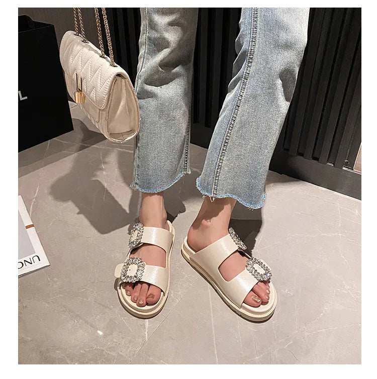 pearl rivets thick bottom women slippers crystal beading flip flops lace band platform sandalias mujer pearl slides big size 43