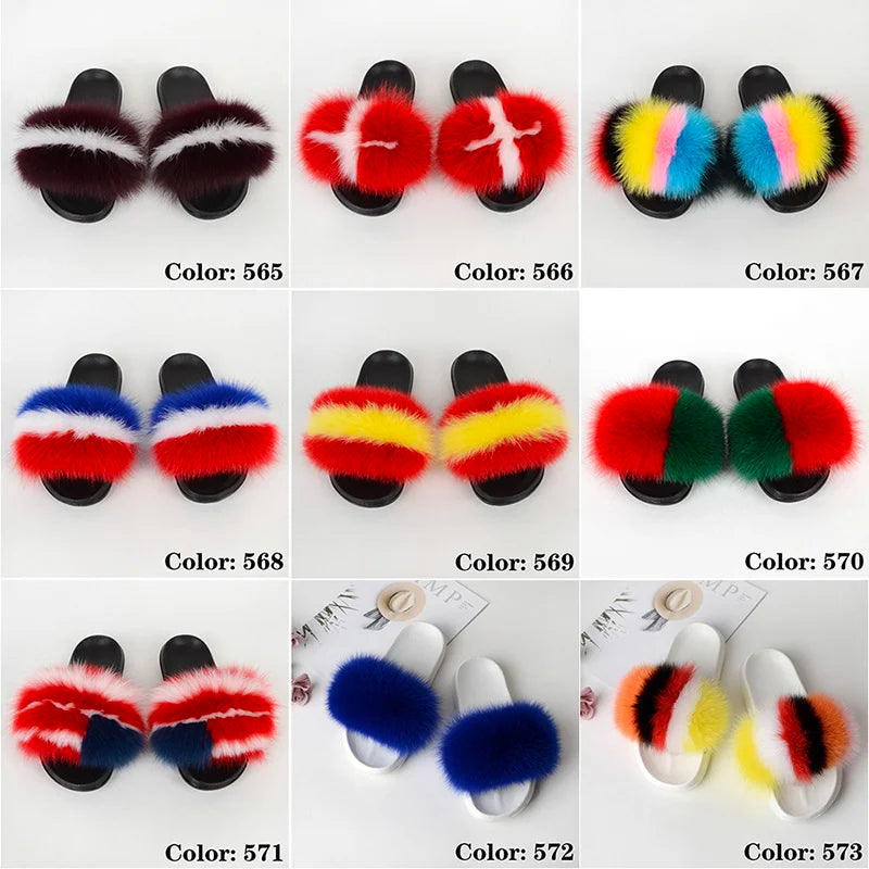 SARSALLYA Fur Slippers Women Real Fox Fur Slides Home Furry Flat Sandals Female Cute Fluffy House Shoes Woman Brand Luxury 2024
