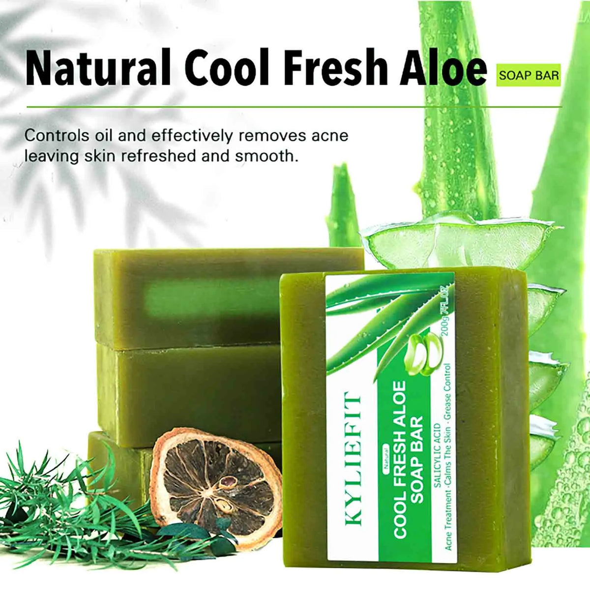 KYLIEFIT Cool Fresh Aloe Soap Bar، علاج حب الشباب، يهدئ البشرة، التحكم في الزيوت، تنظيف عميق، مع حمض الساليسيليك، للوجه والجسم