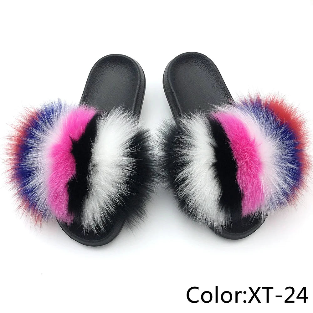 SARSALLYA Fur Slippers Women Real Fox Fur Slides Home Furry Flat Sandals Female Cute Fluffy House Shoes Woman Brand Luxury 2024