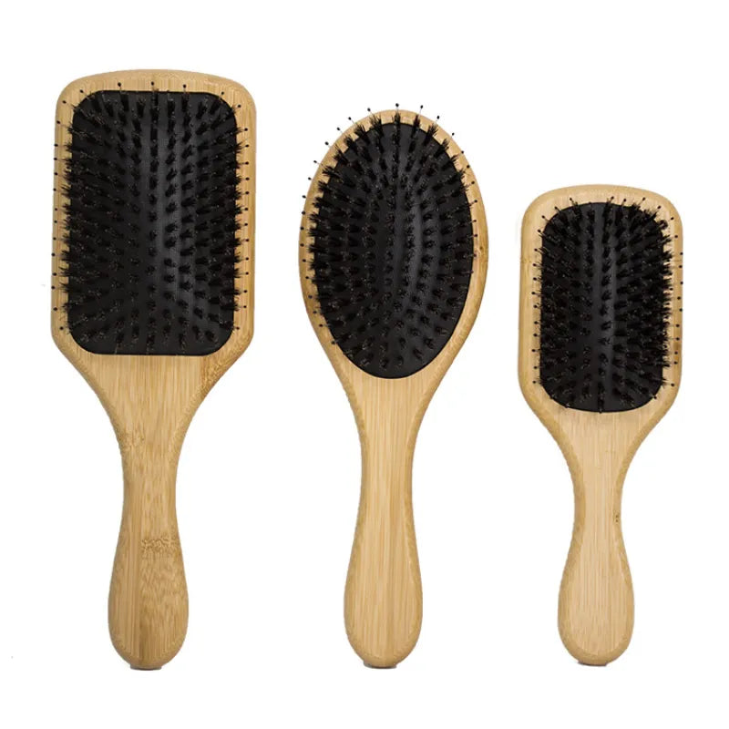 Hair Brush Natural Bamboo Handle Boar Bristles Anti-static Hair Scalp Paddle Hairbrush Gasbag Massage Comb Hair Care