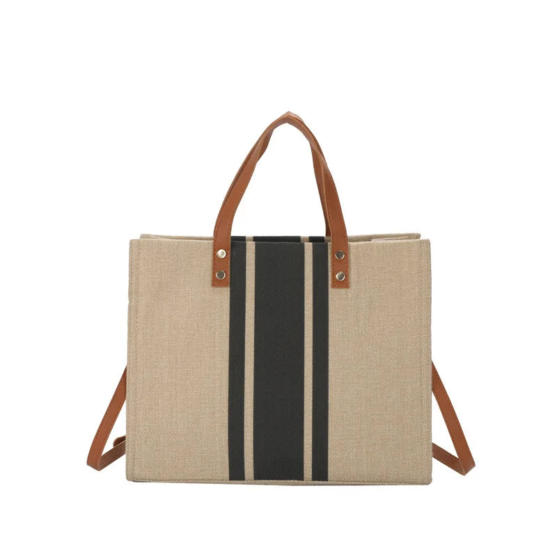 Simple Canvas Stripe Decor Bucket Handbags Women Top Handle Tote Bag Large Capacity Casual Shoulder Crossbody Bags