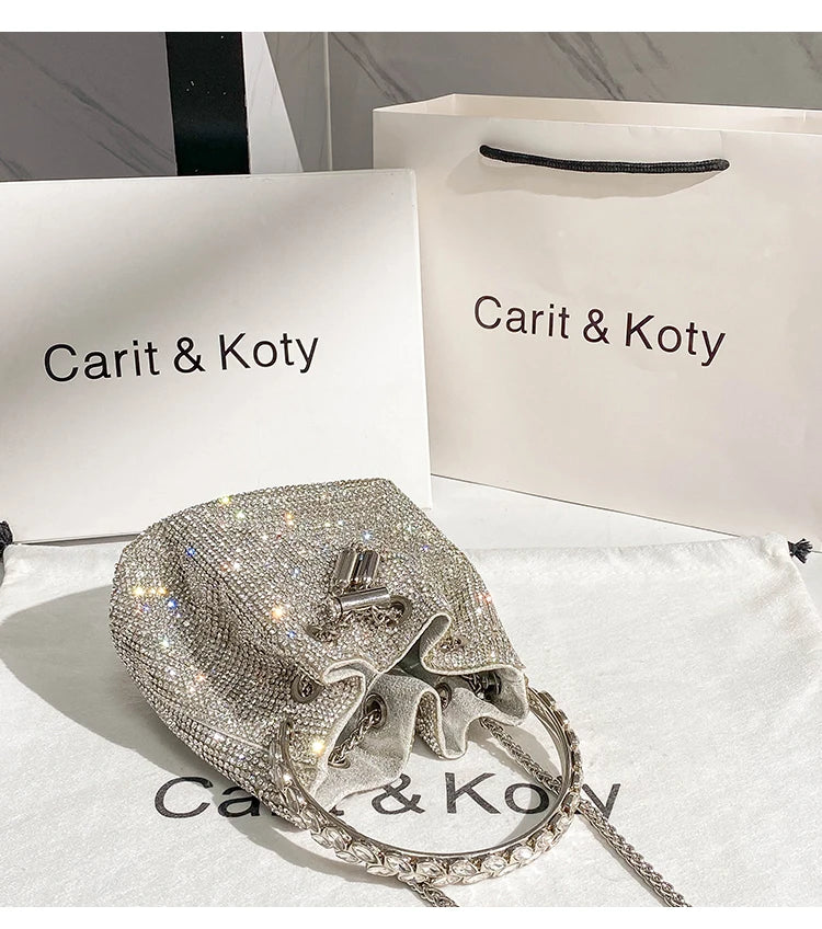 Rhinestones Diamond Evening Clutch Bag Luxury Designer Metal Ring Women's Handbag Wedding Party Bling Bucket Purse Shoulder Bag