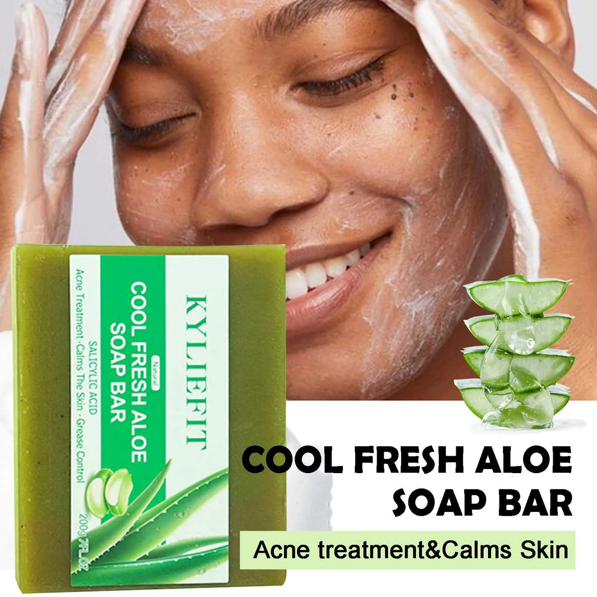 KYLIEFIT Cool Fresh Aloe Soap Bar، علاج حب الشباب، يهدئ البشرة، التحكم في الزيوت، تنظيف عميق، مع حمض الساليسيليك، للوجه والجسم