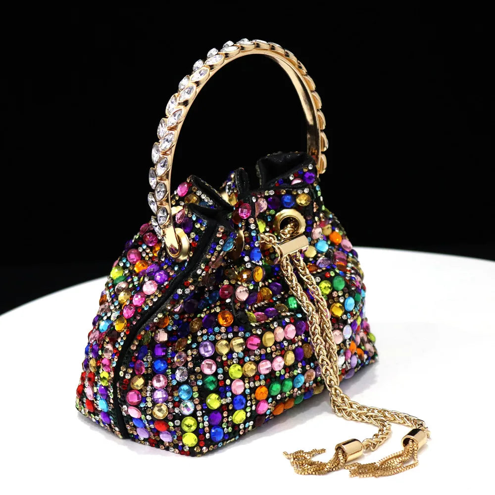 Rhinestones Women Evening Bags Bucket Design Party Day Clutch Soft Mixed Color Handle Design Handbags Purse Mature