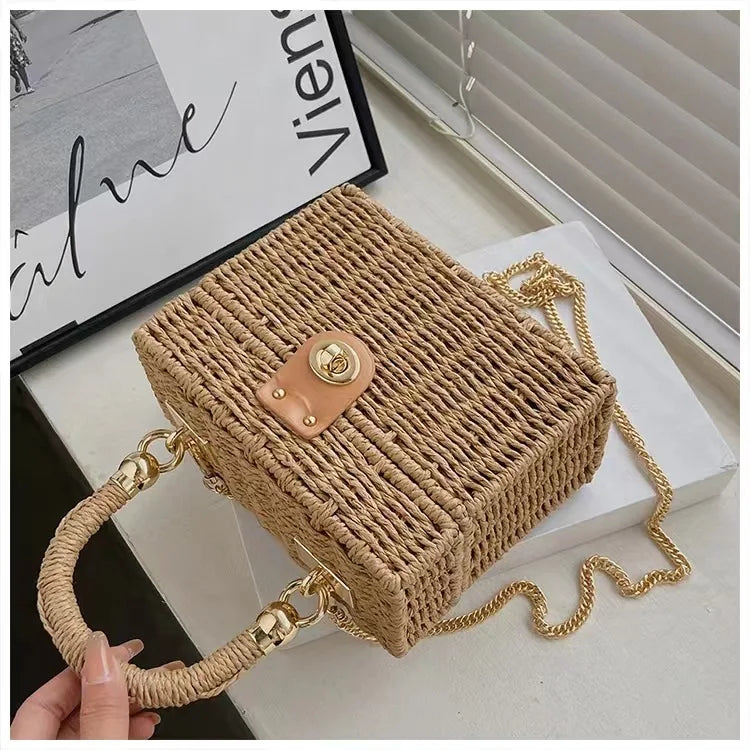 New rattan black straw Shoulder Bag Women hand-woven Messenger Bag Summer Beach Square box Straw Handbag For lady Bolsa Feminina