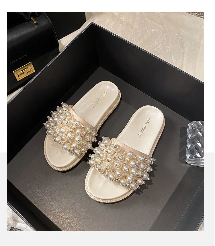 pearl rivets thick bottom women slippers crystal beading flip flops lace band platform sandalias mujer pearl slides big size 43