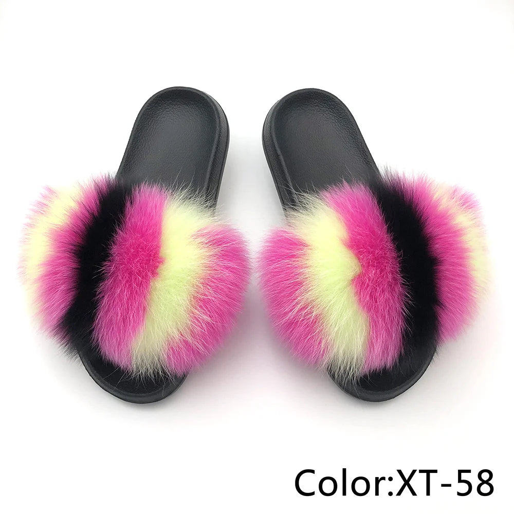 SARSALLYA Fur Slippers Women Real Fox Fur Slides Home Furry Flat Sandals Female Cute Fluffy House Shoes Woman Brand Luxury 2024