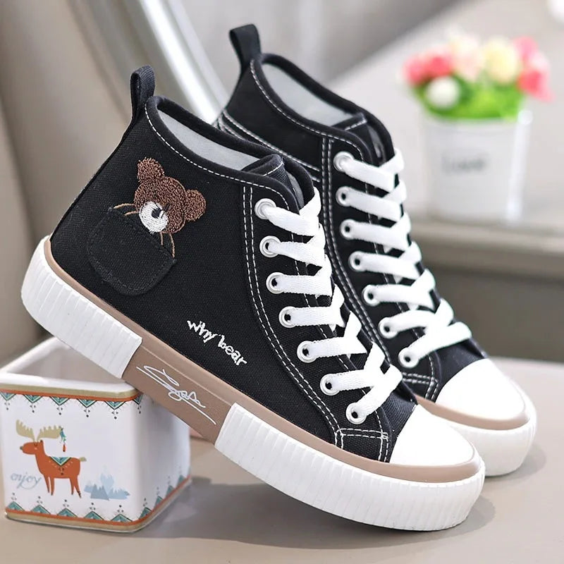 Comemore High-top Canvas Woman Vulcanized Shoes Flats Casual Espadrilles for Women Spring Lady Black White Bear Lace Up Sneakers