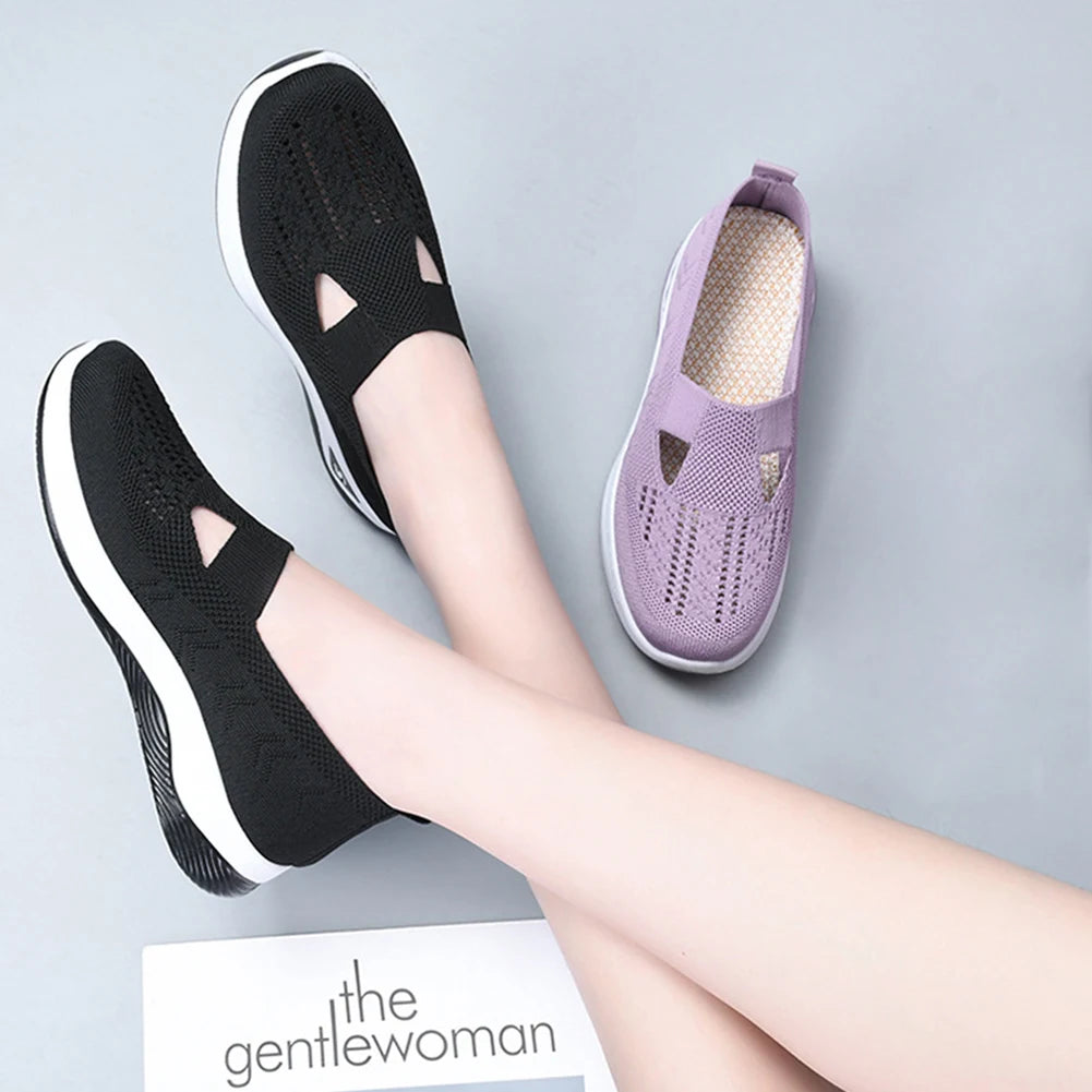 Women's New Summer Shoes Mesh Breathable Sneakers Light Slip on Flat Platform Casual Shoes Ladies Anti-slip Walking Woven Shoes