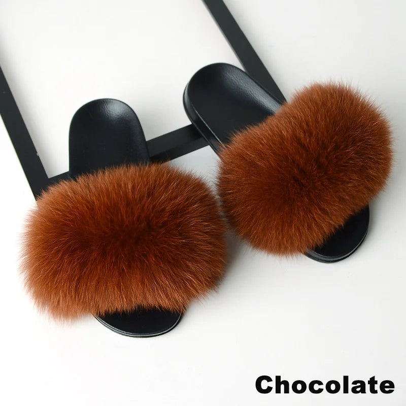 SARSALLYA Fur Slippers Women Real Fox Fur Slides Home Furry Flat Sandals Female Cute Fluffy House Shoes Woman Brand Luxury 2024