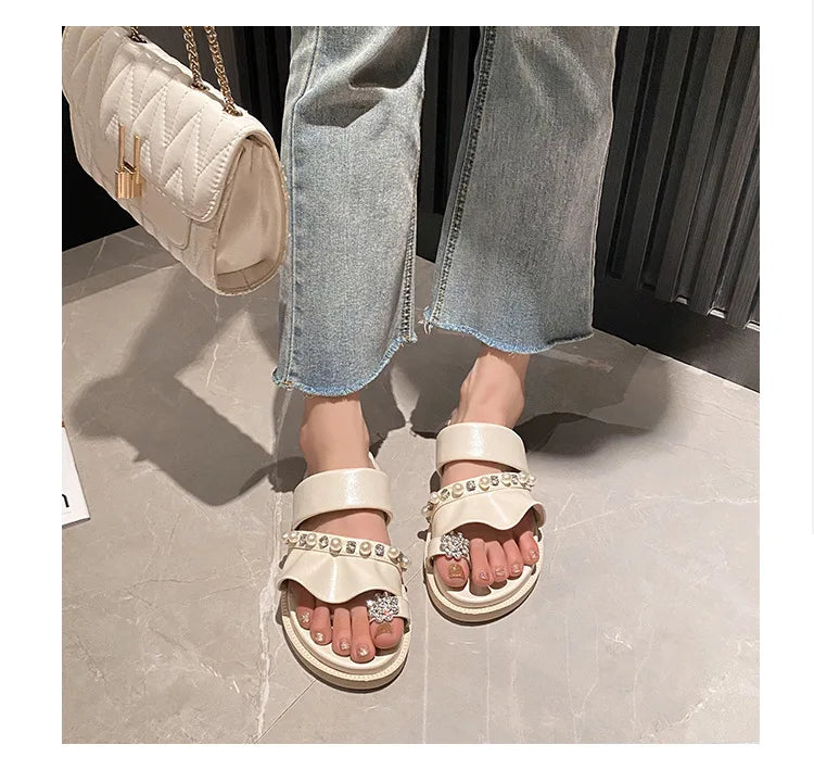 pearl rivets thick bottom women slippers crystal beading flip flops lace band platform sandalias mujer pearl slides big size 43