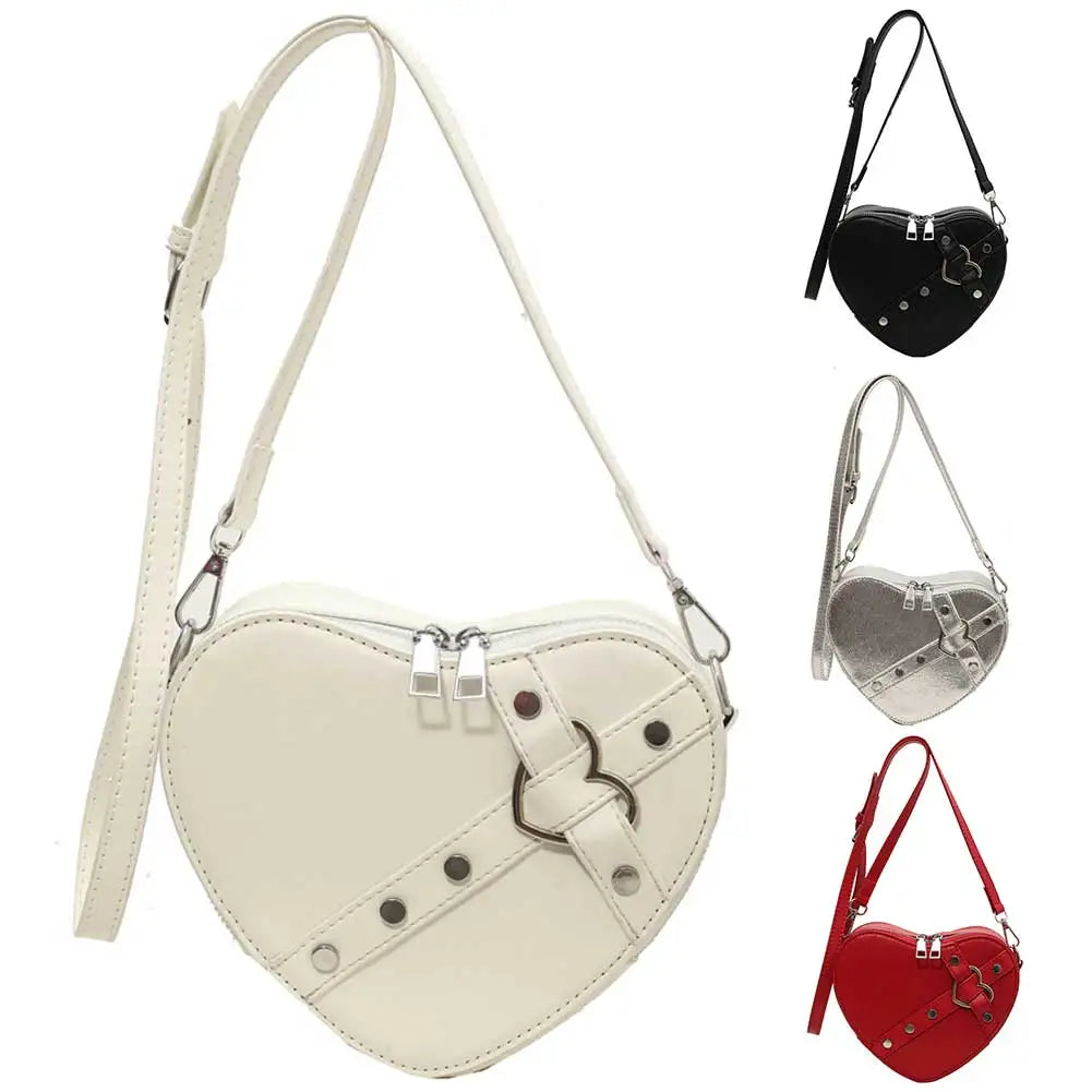Vintage Y2K Small Chain Rivet Shoulder Bag Heart Shaped Purse Handbag Red PU Leather Gothic Tote Bag Fashion Women Crossbody Bag