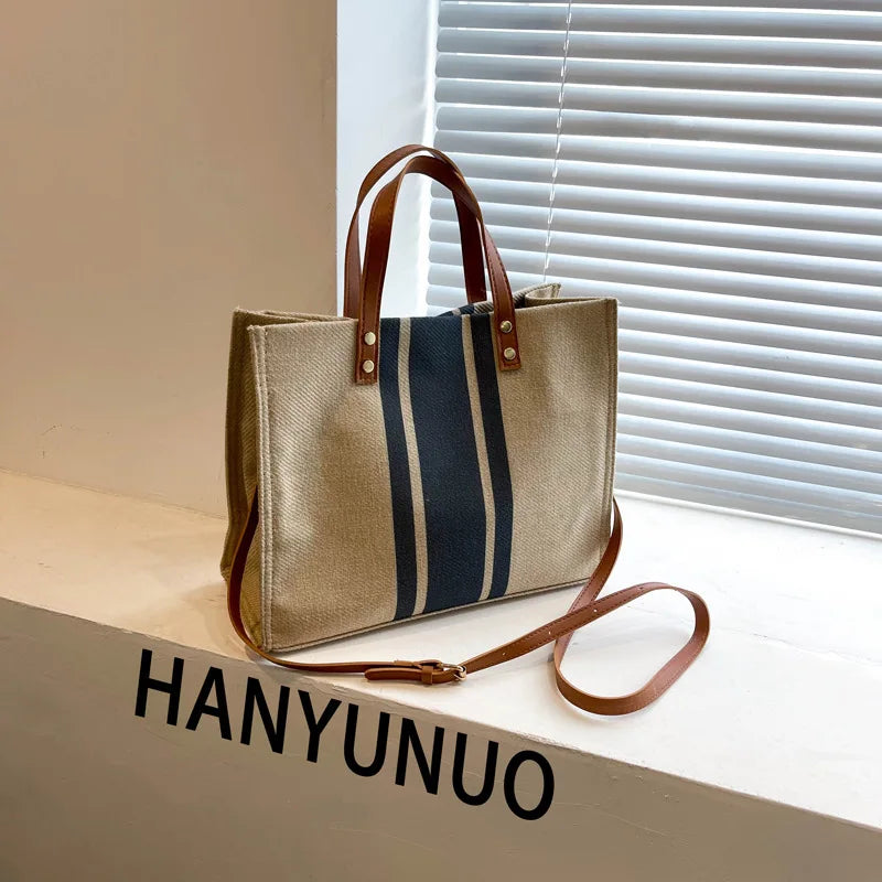 Simple Canvas Stripe Decor Bucket Handbags Women Top Handle Tote Bag Large Capacity Casual Shoulder Crossbody Bags