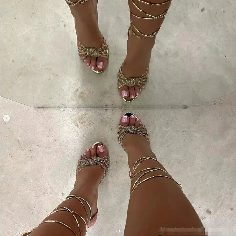 Aneikeh 2025 New Fashion Concise Square Open Toe Narrow Band Ankle Cross-Tied Thin High Heel Women Sandals  Sandals Silver Gold