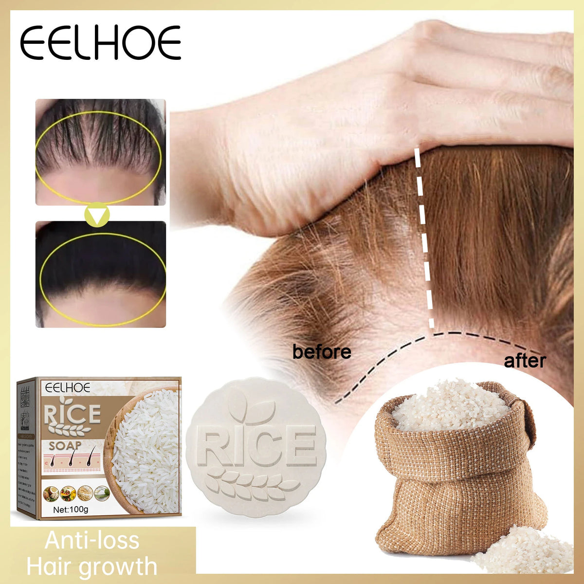 EELHOE Original Rice Shampoo SOAP Bar, Dry Hair Conditioning Soap Shampoo Nourishing Anti-loss Hair Soap Hair Growth