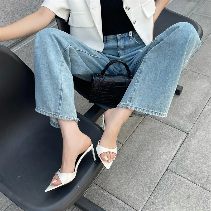 Liyke Summer Slippers Women Cozy Mules Low Thin Heels Slides Shoes Fashion Pointed Open Toe Gladiator Sandals Zapatos Mujer