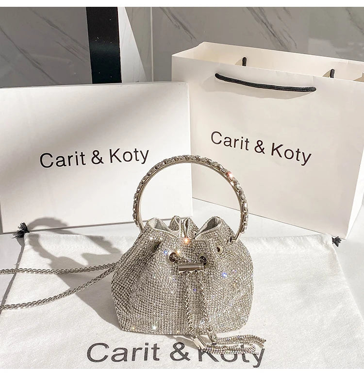 Rhinestones Diamond Evening Clutch Bag Luxury Designer Metal Ring Women's Handbag Wedding Party Bling Bucket Purse Shoulder Bag