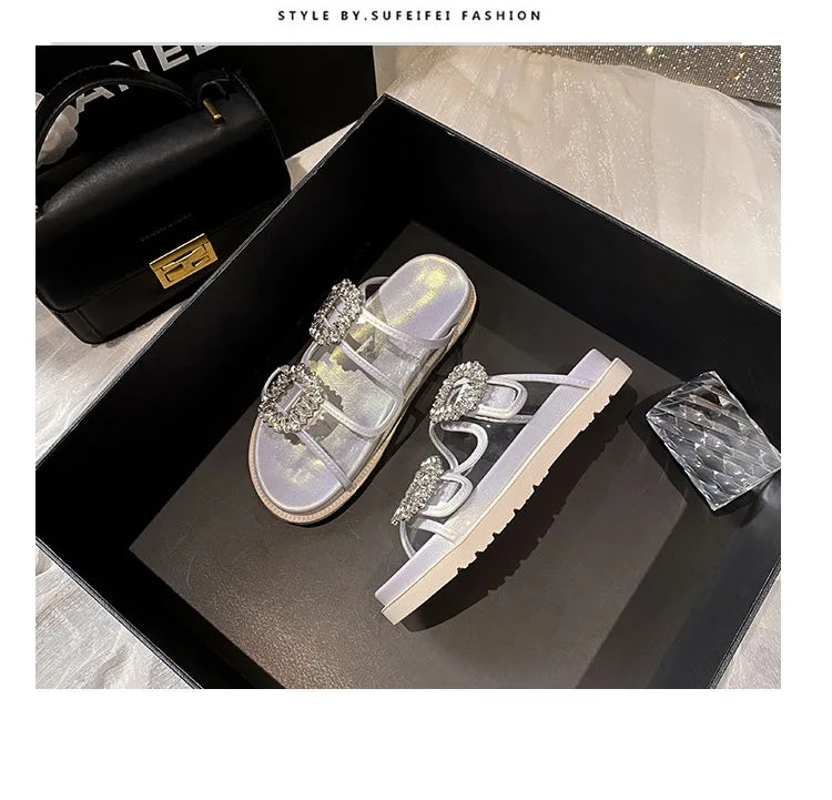 pearl rivets thick bottom women slippers crystal beading flip flops lace band platform sandalias mujer pearl slides big size 43