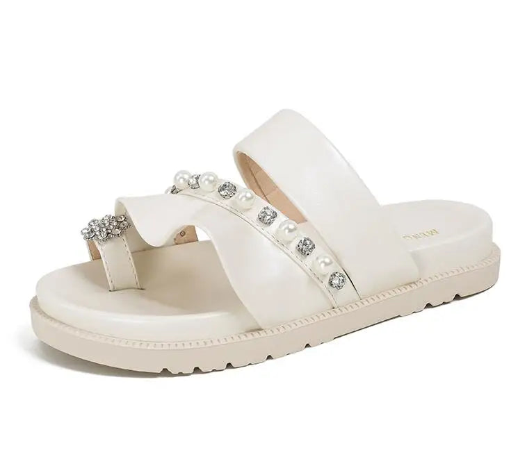 pearl rivets thick bottom women slippers crystal beading flip flops lace band platform sandalias mujer pearl slides big size 43