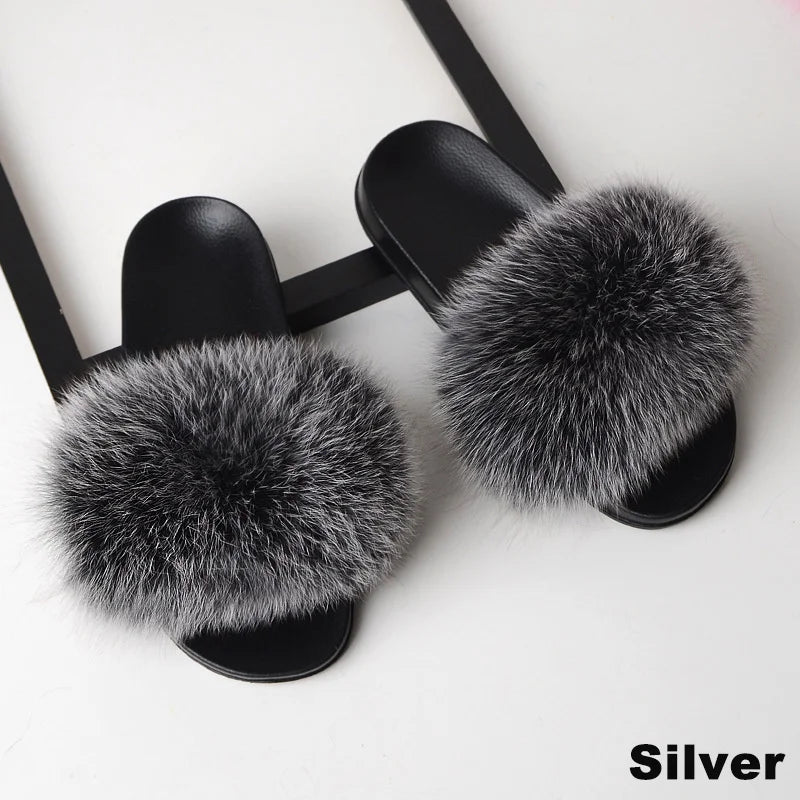 SARSALLYA Fur Slippers Women Real Fox Fur Slides Home Furry Flat Sandals Female Cute Fluffy House Shoes Woman Brand Luxury 2024