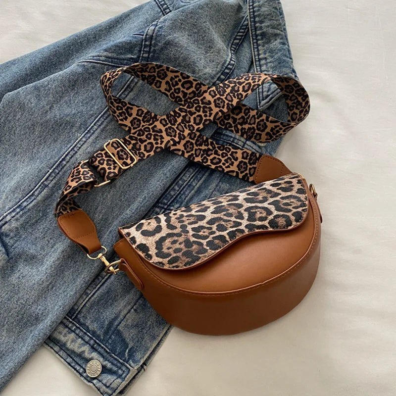 Wide Strap Leopard Print Crossbody Bags For Women, Fashion Designer Shoulder Bag For Daily Used, Versatile Ladies Handbags