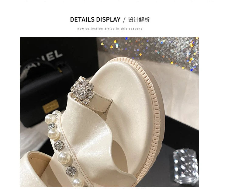 pearl rivets thick bottom women slippers crystal beading flip flops lace band platform sandalias mujer pearl slides big size 43