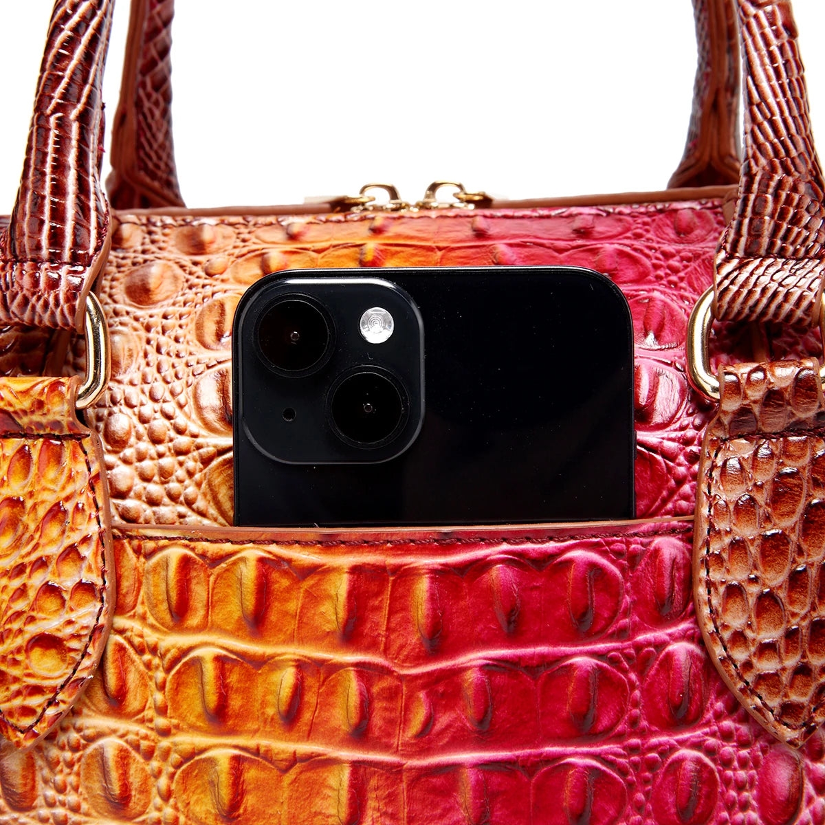 Ombre Crocodile Embossed Boston Handbag Classic Style Crossbody Bag Women's Leather Satchel Purse
