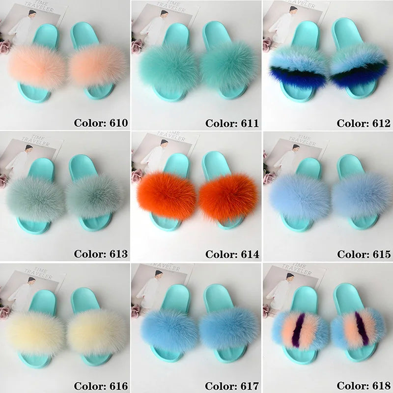 SARSALLYA Fur Slippers Women Real Fox Fur Slides Home Furry Flat Sandals Female Cute Fluffy House Shoes Woman Brand Luxury 2024