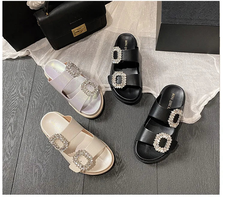 pearl rivets thick bottom women slippers crystal beading flip flops lace band platform sandalias mujer pearl slides big size 43