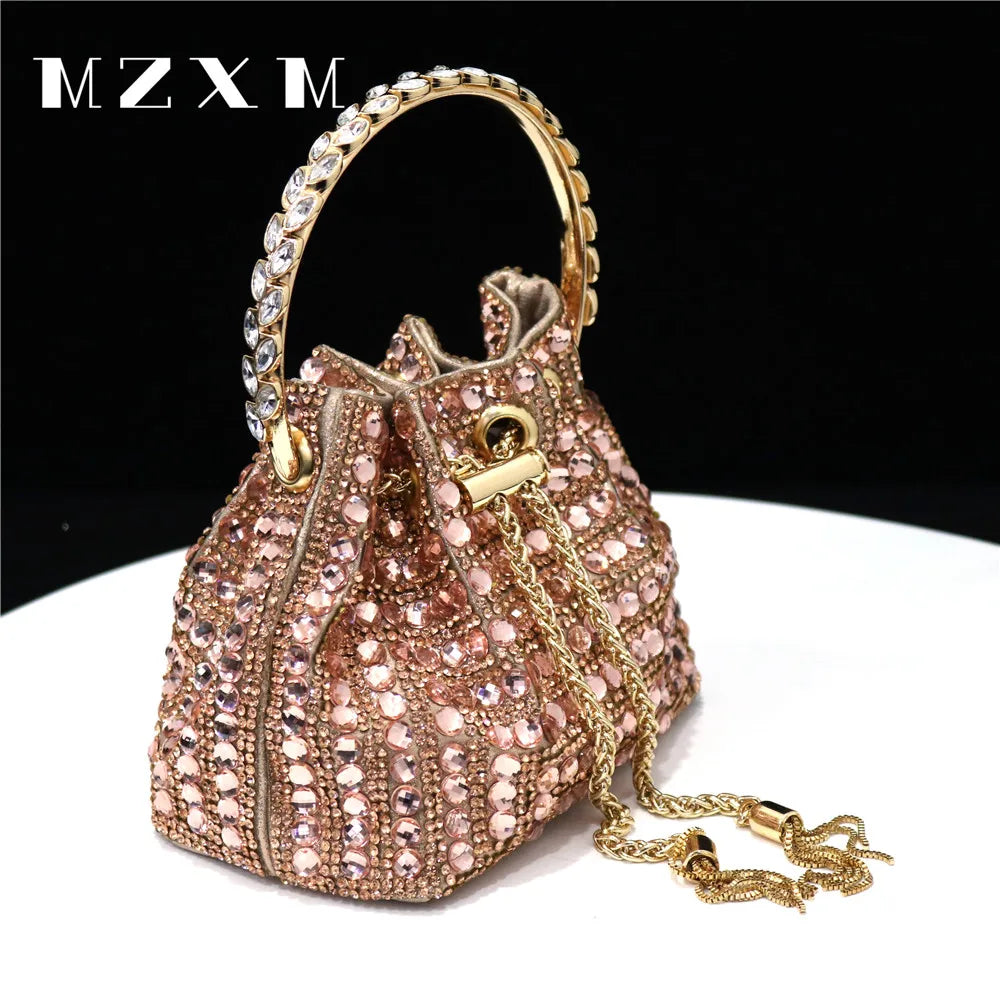 Rhinestones Women Evening Bags Bucket Design Party Day Clutch Soft Mixed Color Handle Design Handbags Purse Mature