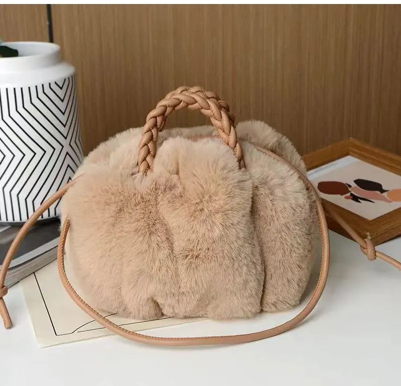 Women's Crossbody Pumpkin Plush Bag Cute Tote Bags Autumn Winter Fashion Solid Color Handbag Travel Shoulder Bags
