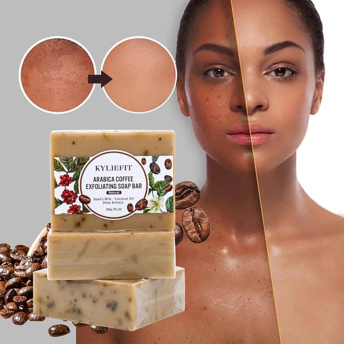 KYLIEFIT Arabica Coffee Exfoliating Soap, Deep Cleaning, Smooth Skin, With Coconut Oil, Shea Butter, Suitable for Face and Body