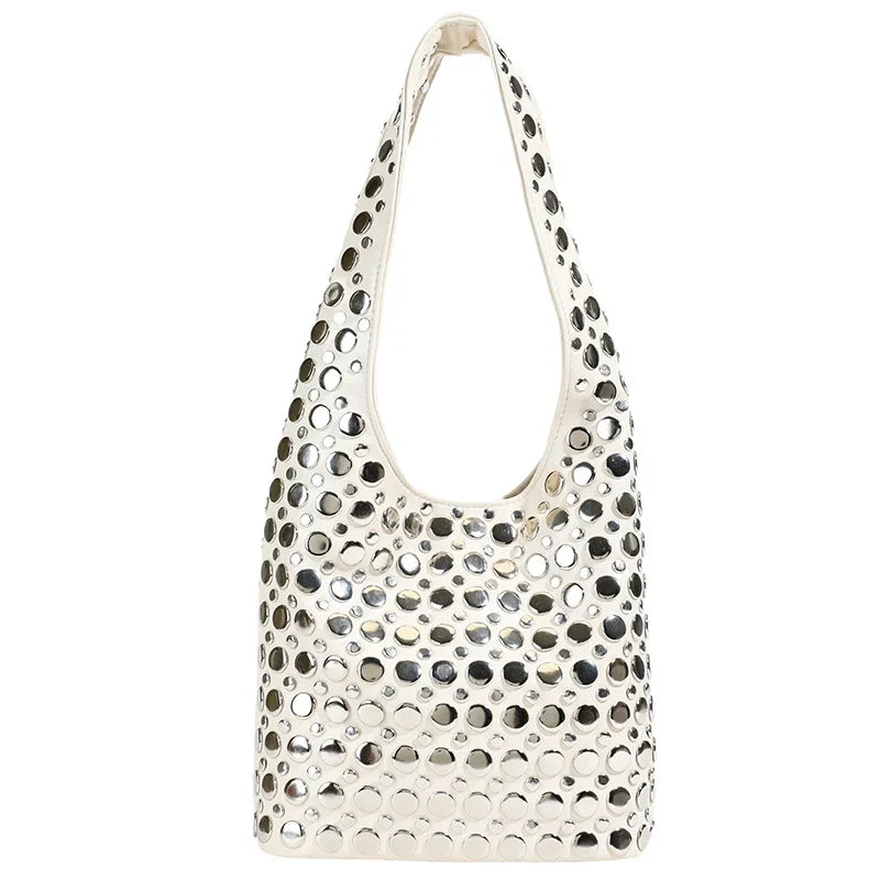 Punk Style Embellished Double-Faced Round Rivet Inlaid Niche Luxury Bucket Bag Chic Lady Underarm Large Capacity Shoulder Bag