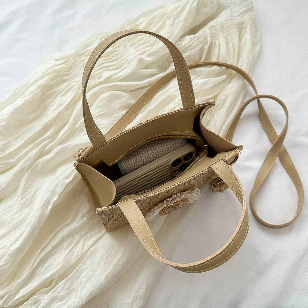 Rattan Woven Women Straw Bag Adjustable Shoulder Bag Handbag Knit Flower Summer Beach Woman Shoulder Messenger Khaki Beige Bags