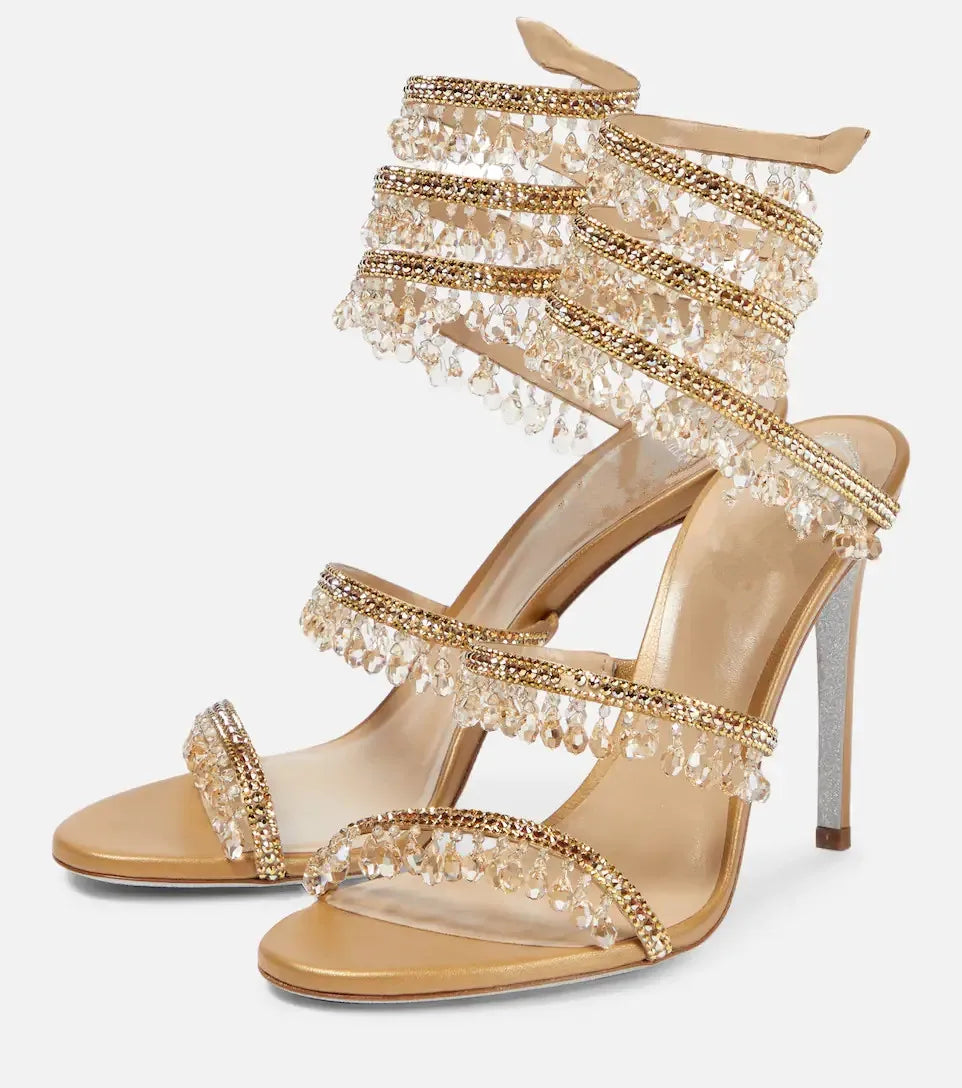 2025 Women's New Rhinestone Sandals Fashion Tassel Crystal Shoes Sexy Nightclub Banquet Party Twining Stiletto Women's Sandals